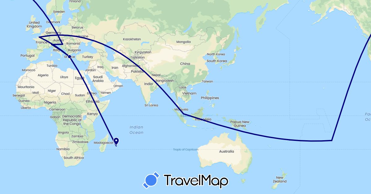 TravelMap itinerary: driving in France, Greece, Croatia, Italy, Singapore (Asia, Europe)